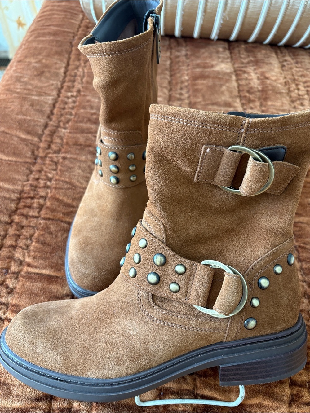 Women’s Tan/rust Suede Studded Buckle Boots side zip